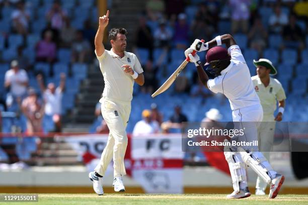 James Anderson of England celebrates taking the wicket of Darren Bravo of the West Indies during Day Four of the Third Test match between the West...