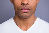 Close-up cropped portrait of nice handsome attractive candid well-groomed guy wearing white shirt shaven chin isolated over gray violet purple pastel background