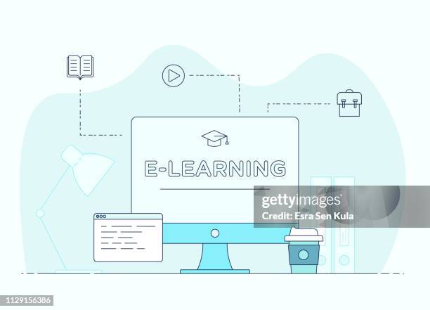 e-learning line illustration banner - training website template stock illustrations