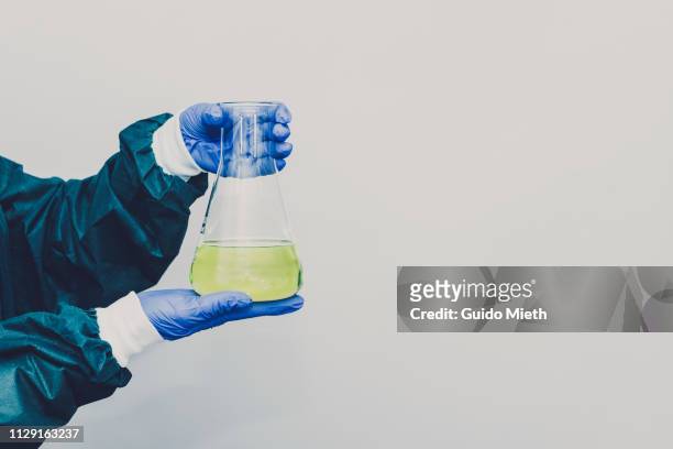 woman holding liquid in erlenmeyer flask. - bouteille d'erlenmeyer photos et images de collection