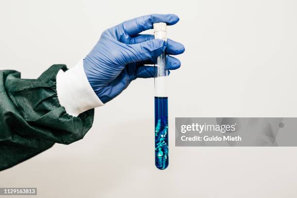 laboratory worker holding a test tube with little figurines in it. - proveta imagens e fotografias de stock