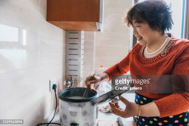 chinese grootmoeder koken in de keuken - panchina stockfoto's en -beelden