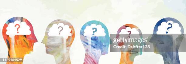 heads with brain and question marks - group people thinking stock illustrations