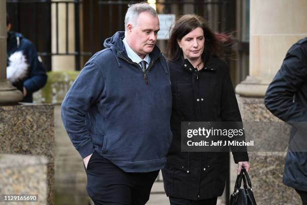 Grandparents of Alesha MacPhail, Calum MacPhail 49, and Angela King leave Glasgow High Court on February 12, 2019 in Glasgow, Scotland. Six year old...