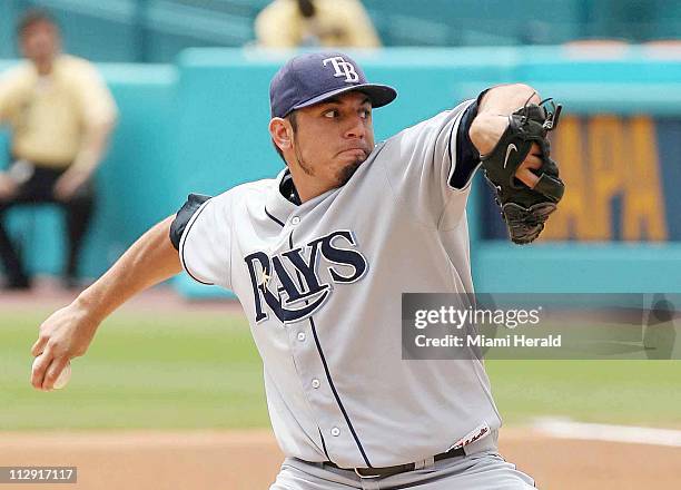 Tampa Bay Devil Rays pitcher Matt Garza throws against the Florida Marlins at Dolphin Stadium in Miami, Florida, Thursday, June 26, 2008. The Devil...