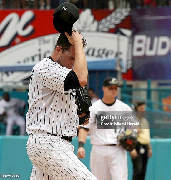 Florida Marlins pitcher Doug Waechter reacts after surrendering a home run to Tampa Bay Devil Rays' Ben Zobrist during the eighth inning at Dolphin...