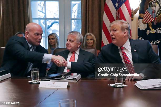 President Donald Trump reaches over Deputy Secretary of State John Sullivan to shake hands with acting Attorney General Matthew Whitaker during a...