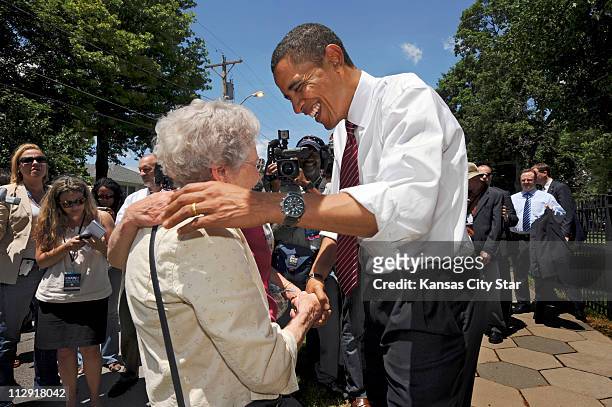 Democratic presidential nominee Sen. Barack Obama greets two of his constituents from Illinois, Rosemary Swise, left, and her daughter, Sally...