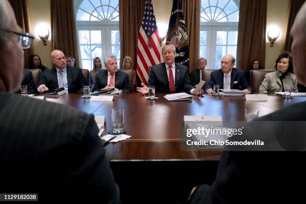 President Donald Trump talks to reporters during a meeting with members of his cabinet, including acting Attorney General Matthew Whitaker, Deputy...