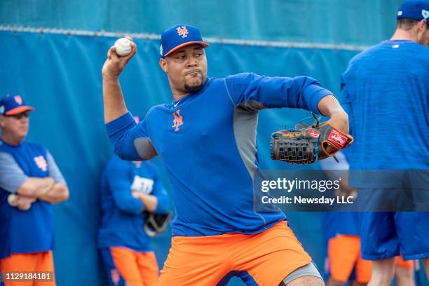 New York Mets player Jeurys Familia throws during a spring training workout on February 11, 2019 at First Data Field in Port St. Lucie, Florida.