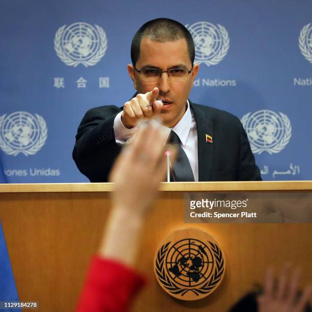 The Venezuelan Foreign Minister, Jorge Arreaza, speaks to the media at the United Nations on February 12, 2019 in New York City. The minister echoed...