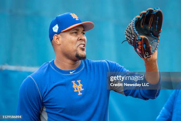 New York Mets player Jeurys Familia catches during a spring training workout on February 11, 2019 at First Data Field in Port St. Lucie, Florida.