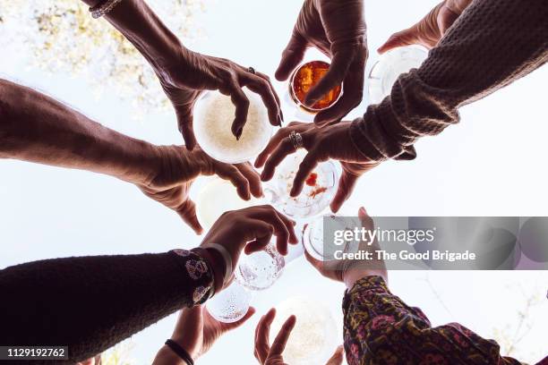 low angle view of family toasting with drinks at party - einen toast ausbringen stock-fotos und bilder