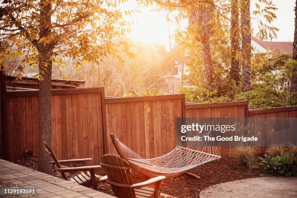 empty hammock hanging in backyard - backyard hammock stock pictures, royalty-free photos & images