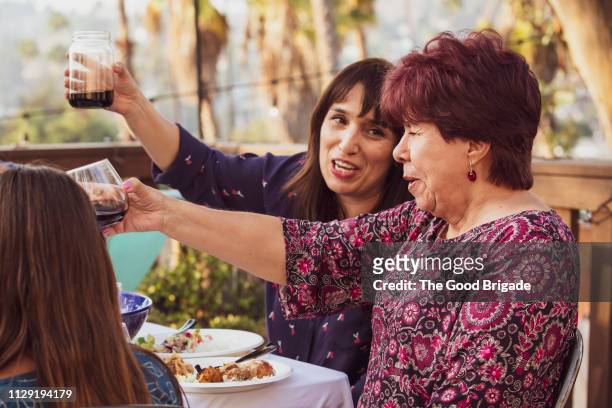 mother and daughter toasting drinks at outdoor family party - senior colored hair stock pictures, royalty-free photos & images