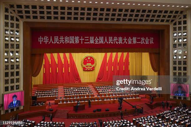 Chairman of the Standing Committee of the National People's Congress of China, Li Zhanshu, delivers a speech during the second plenary meeting of the...