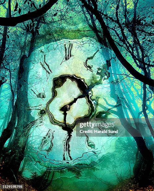 distorted appearing vintage antique grandfather clock face with roman numeral numbers and hour and second hands in a fantasy, surreal, dreamlike forest scene. - roman numeral 4 stock pictures, royalty-free photos & images