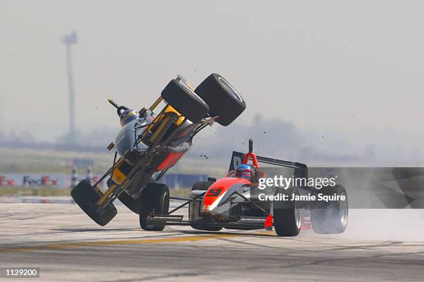 Alex Figge begins to fly after making contact with Roger Yasukawa during the Toyota Formula Atlantic race at the Marconi Grand Prix of Cleveland...