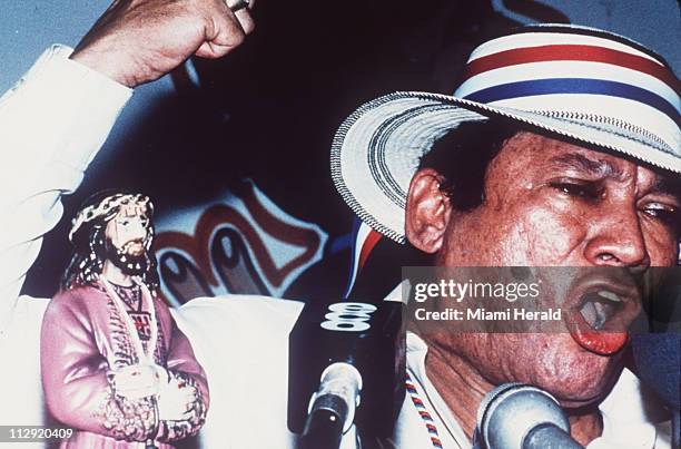 At a 1989 public rally in Santiago, a town several hours outside of Panama City, Panamanian dictator Manuel Noriega speaks harshly about U.S....