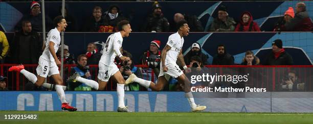 Presnel Kimpembe of Paris St-Germain celebrates scoring their first goal during the UEFA Champions League Round of 16 First Leg match between...