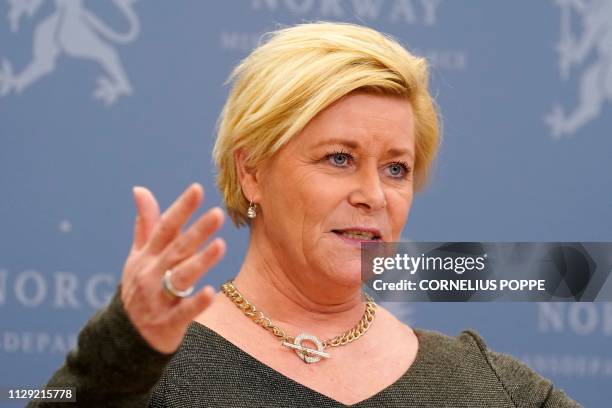 Norwegian Finance Minister Siv Jensen speaks during a press conference on sovereign wealth fund and oil stocks on March 8, 2019 in Oslo. - Norway's...