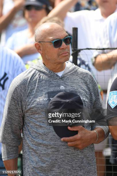 Former New York Yankee and Baseball Hall-of-Famer Reggie Jackson looks on prior to the Spring Training game against the Detroit Tigers at Publix...