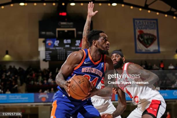 Jameel Warney of the Westchester Knicks drives to the basket against the Windy City Bulls at the Westchester County Center on March 7, 2019 in...