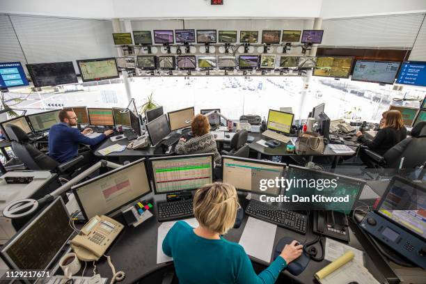 Staff work at the Eurotunnel's Traffic Control Centre on March 8, 2019 in Folkestone, England. The Eurotunnel rail shuttle is a vital route for...