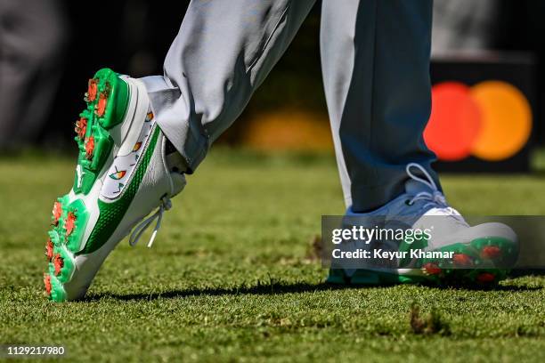 Detail of the custom Puma Arnold Palmer Umbrellas Campaign shoes worn by Rickie Fowler during the first round of the Arnold Palmer Invitational...