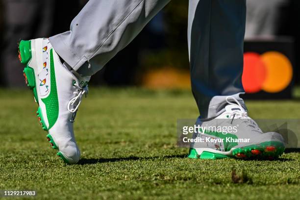 Detail of the custom Puma Arnold Palmer Umbrellas Campaign shoes worn by Rickie Fowler during the first round of the Arnold Palmer Invitational...