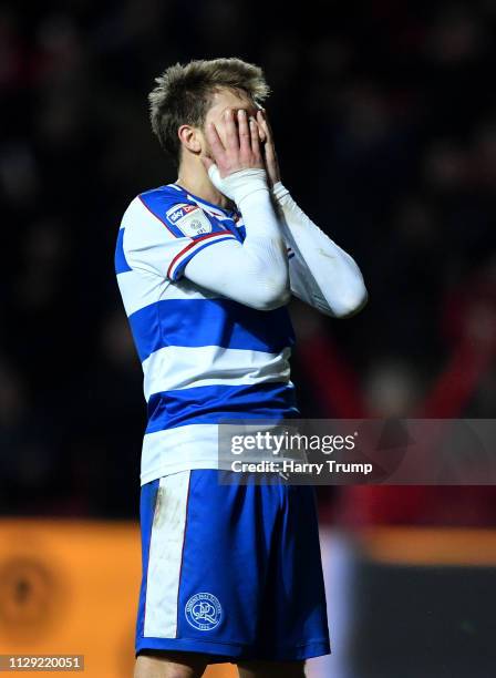 Josh Scowen of Queens Park Rangers reacts after the Bristol City goal during the Sky Bet Championship match between Bristol City and Queens Park...