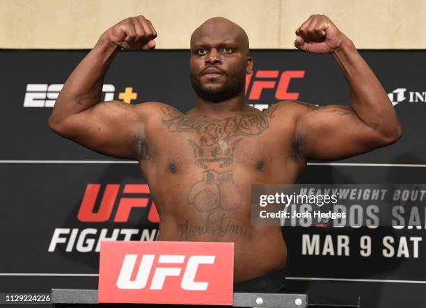 Derrick Lewis poses on the scale during the UFC Fight Night weigh-in at the Hyatt Regency Wichita on March 8, 2019 in Wichita, Kansas.