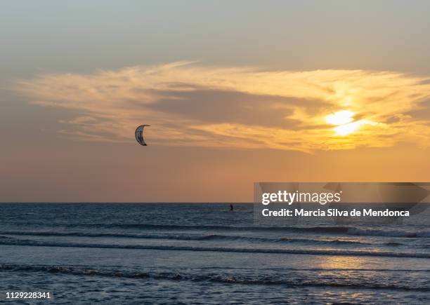 sunset and kitesurfing practice at jericoacoara beach. - linha do horizonte sobre água stock pictures, royalty-free photos & images