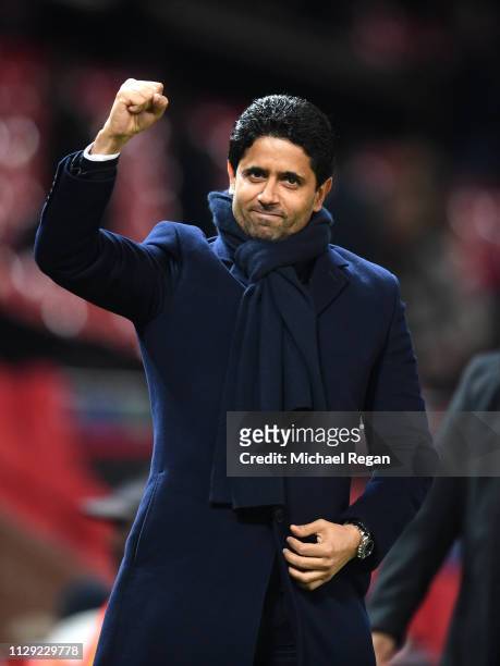 Nasser Al-Khelaifi, President of PSG waves to fans during the UEFA Champions League Round of 16 First Leg match between Manchester United and Paris...