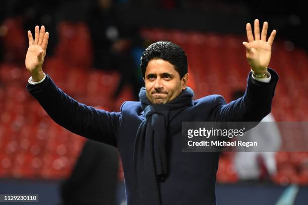 Nasser Al-Khelaifi, President of PSG waves to fans during the UEFA Champions League Round of 16 First Leg match between Manchester United and Paris...