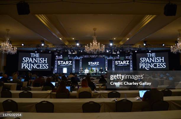 Emma Frost, Charlotte Hope, Stephanie Levi-John, Laura Carmichael, Ruairi O’Connor and Matthew Graham of ' The Spanish Princess' speak onstage during...