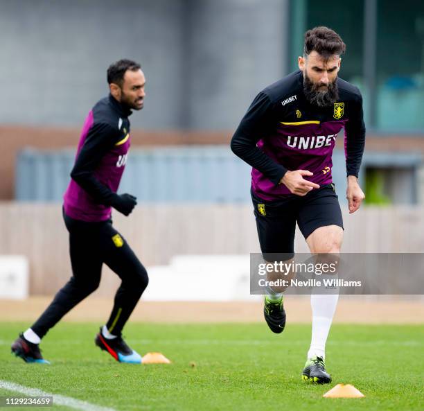 Mile Jedinak of Aston Villa in action during a training session at the club's training ground at Bodymoor Heath on March 08, 2019 in Birmingham,...