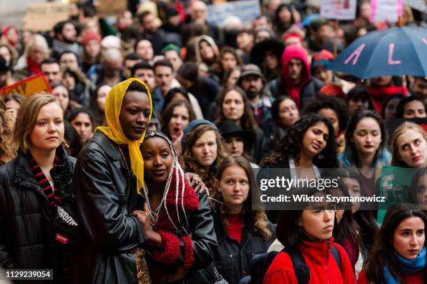 Several hundreds of women take part in Women's Strike outside the Bank of England in London protesting against harassment, exploitation and...