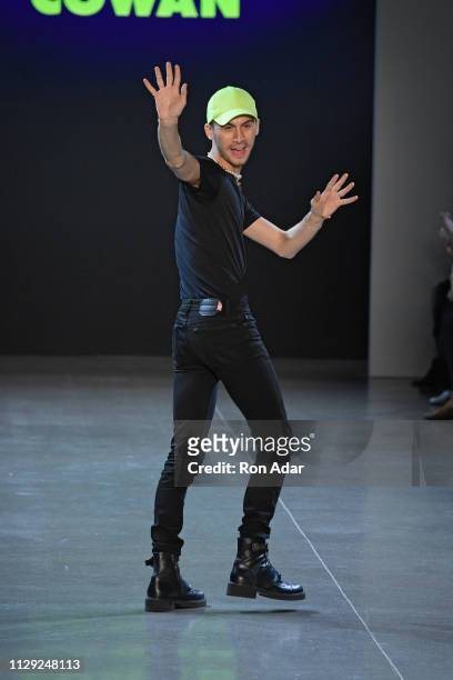 Designer Christian Cowan walks the runway at the Christian Cowan show during New York Fashion Week Fall Winter 2019 at Gallery II at Spring Studios...