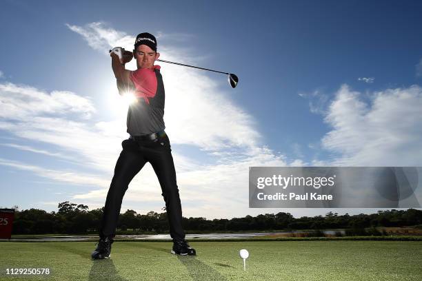 Lucas Herbert of Australia poses on the 3rd tee during the Pro-Am of the ISPS Handa World Super 6 Perth at Lake Karrinyup Country Club on February...