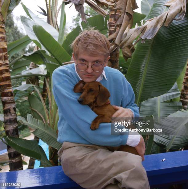 Portrait of English painter David Hockney, wearing a light blue sweatshirt, and holding one of his beloved dachschunds, Los Angeles, CA, late...