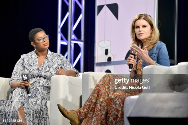 Ashley C. Ford and Maria Shriver speak onstage at Featured Session: Maria Shriver, Alexandra Socha and Farida Sohrabji with Ashley C. Ford during...