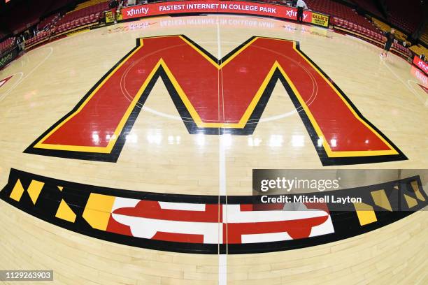 The Maryland Terrapins logo on the floor before a college basketball game against the Minnesota Golden Gophers at the XFinity Center on March 8, 2019...