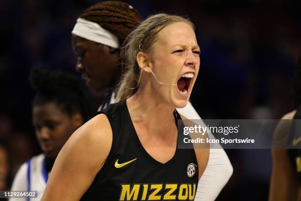 Sophie Cunningham guard of Missouri gives a celebratory yell after making a shot and being fouled during the SEC Women's basketball tournament...