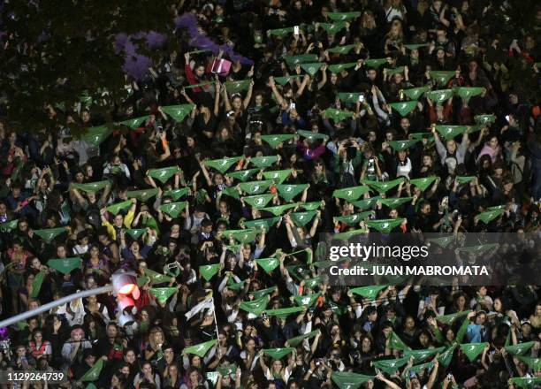 Aerial view of women rising green headscarfs demanding the legalization of legal, safe and free abortion, during a demonstration on the International...