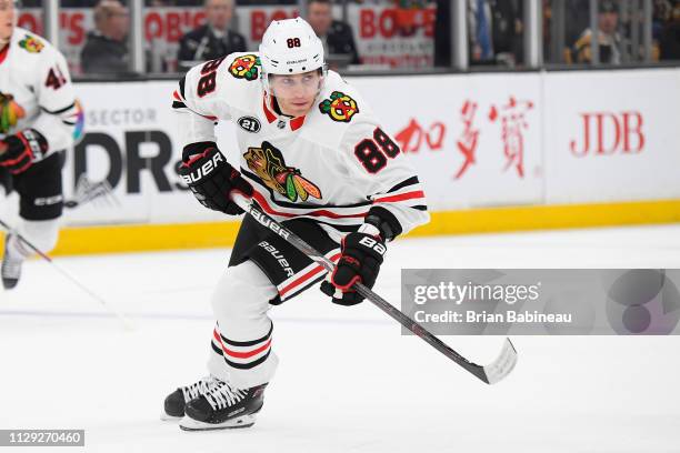 Patrick Kane of the Chicago Blackhawks skates against the Boston Bruins at the TD Garden on February 12, 2019 in Boston, Massachusetts.