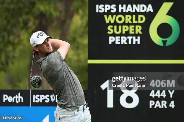 Thomas Pieters of Belgium watches his tee shot on the 18th hole during the Pro-Am of the ISPS Handa World Super 6 Perth at Lake Karrinyup Country...