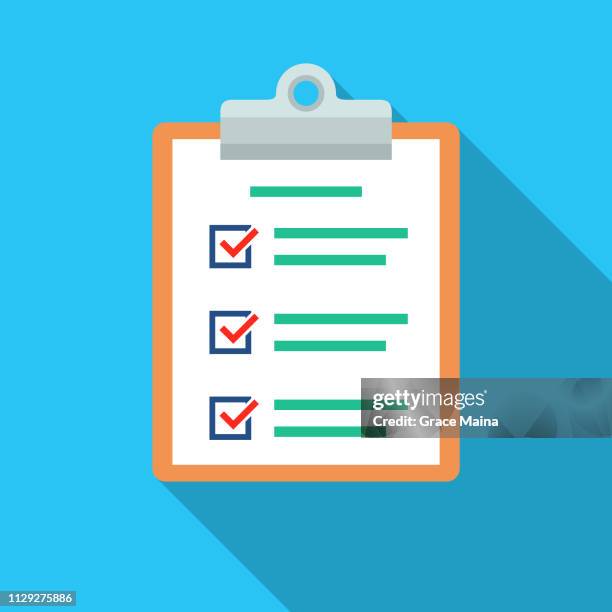 document list with check marks and clipboard - vector - clipboard stock illustrations
