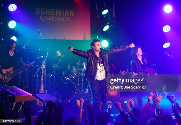 Queen Extravaganza performs onstage during Bohemian Rhapsody's Get Loud Extravaganza at Whiskey a Go Go on February 12, 2019 in Los Angeles,...