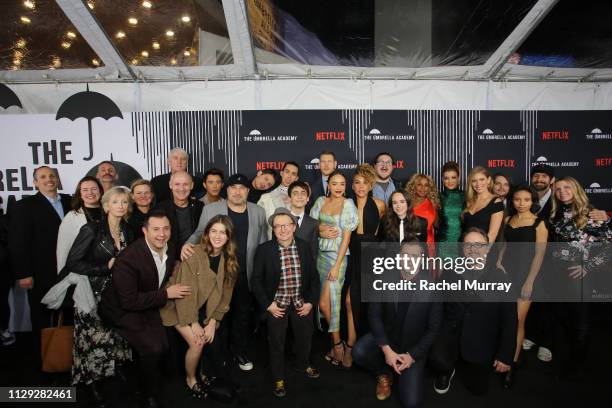 Cast and Crew of "The Umbrella Academy" pose for group photo at "The Umbrella Academy" Premiere at Cinerama Dome on February 12, 2019 in Hollywood,...